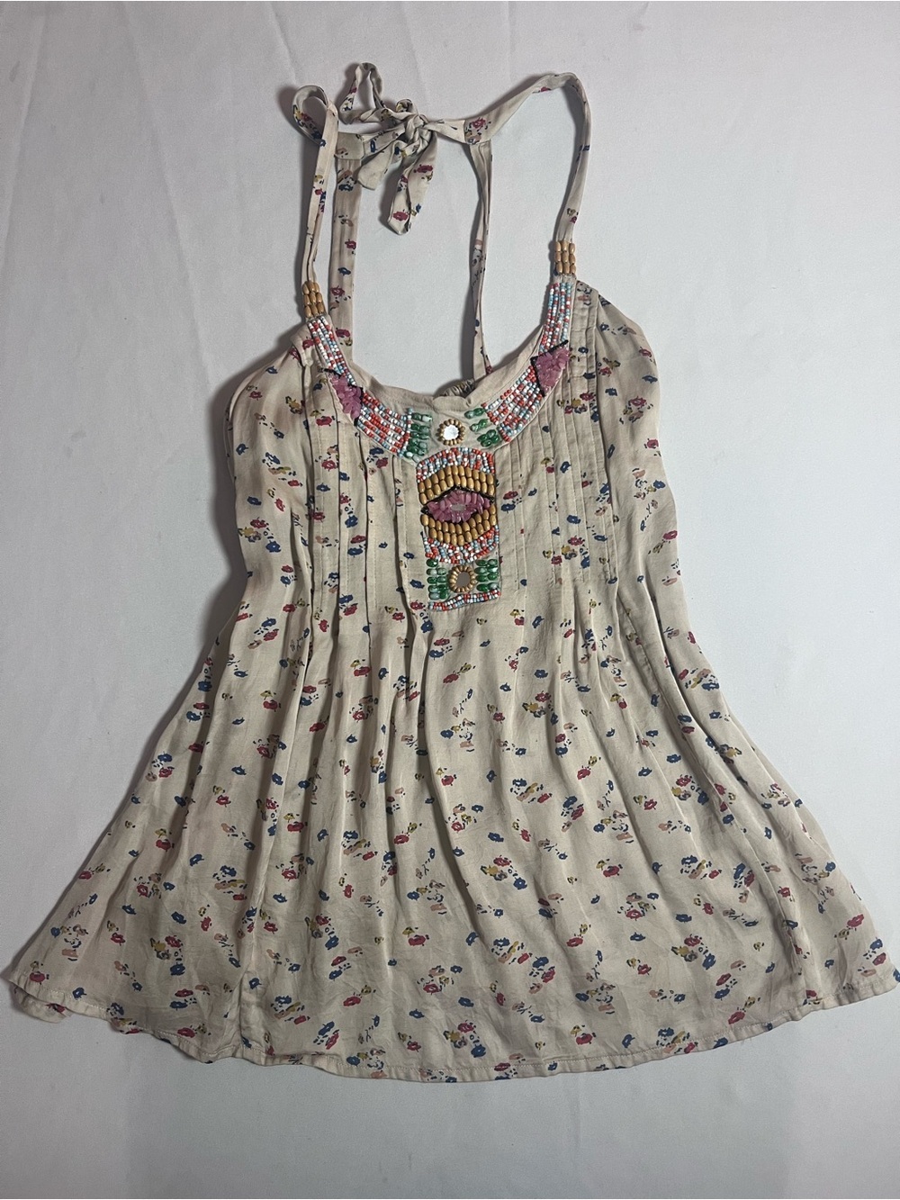 Free People Boho Beaded Cream Floral Halter Tunic
